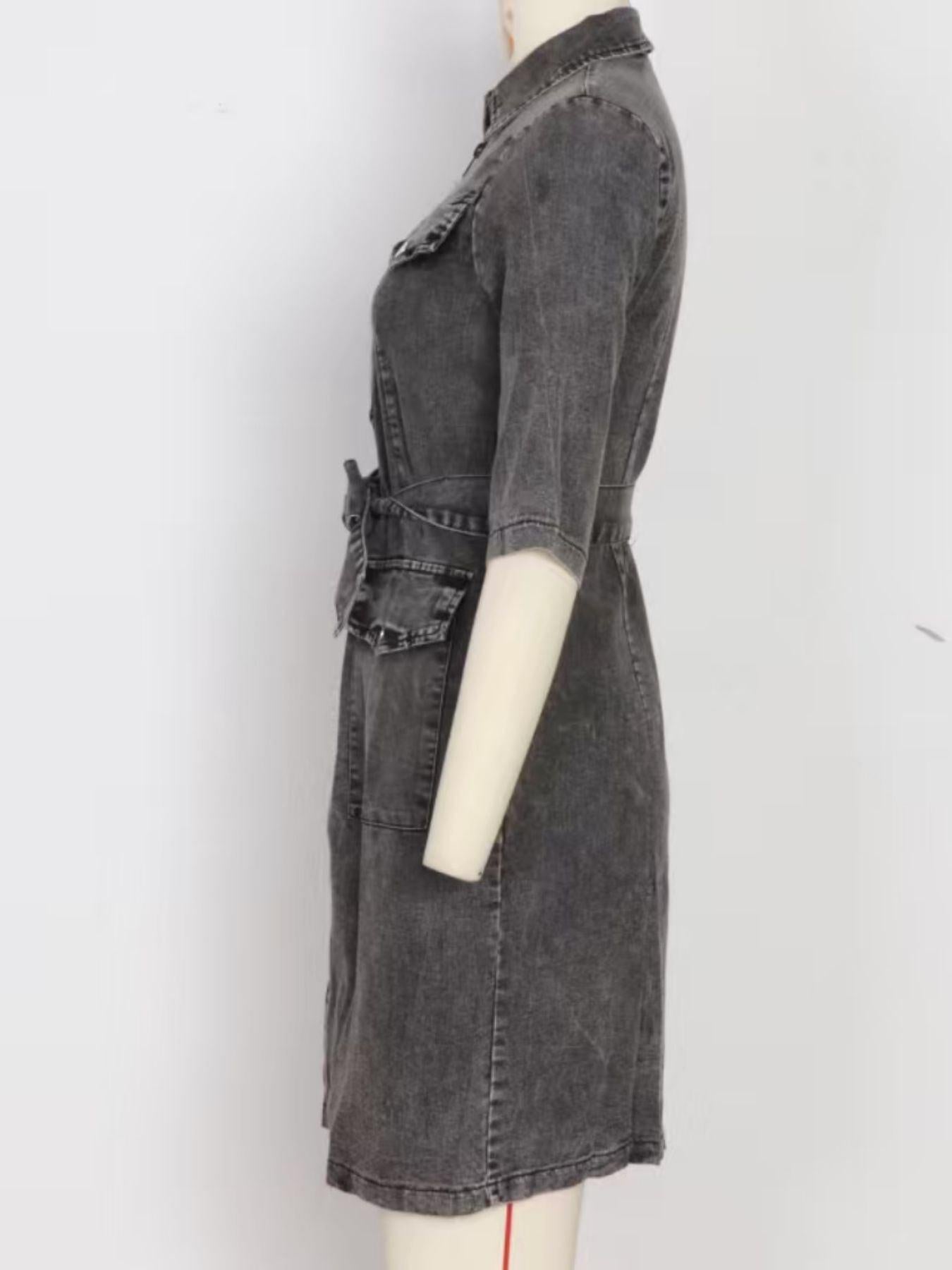 Zipper Front Short Sleeve Denim Dress