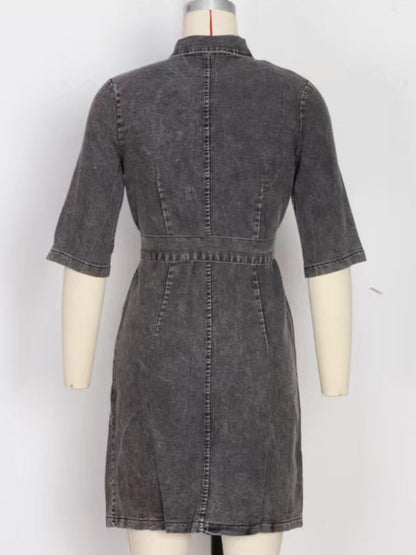Zipper Front Short Sleeve Denim Dress