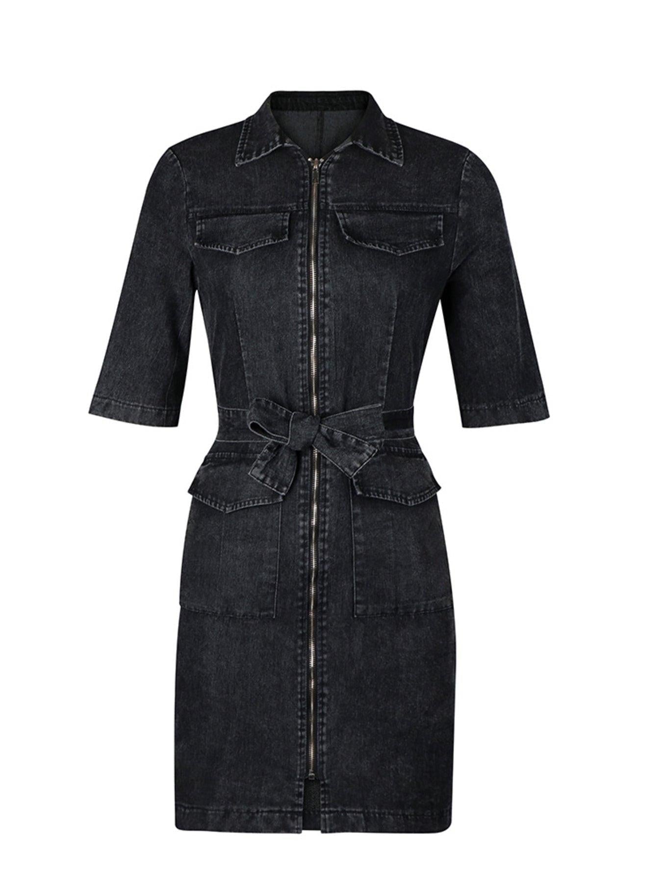 Zipper Front Short Sleeve Denim Dress
