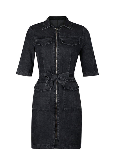 Zipper Front Short Sleeve Denim Dress