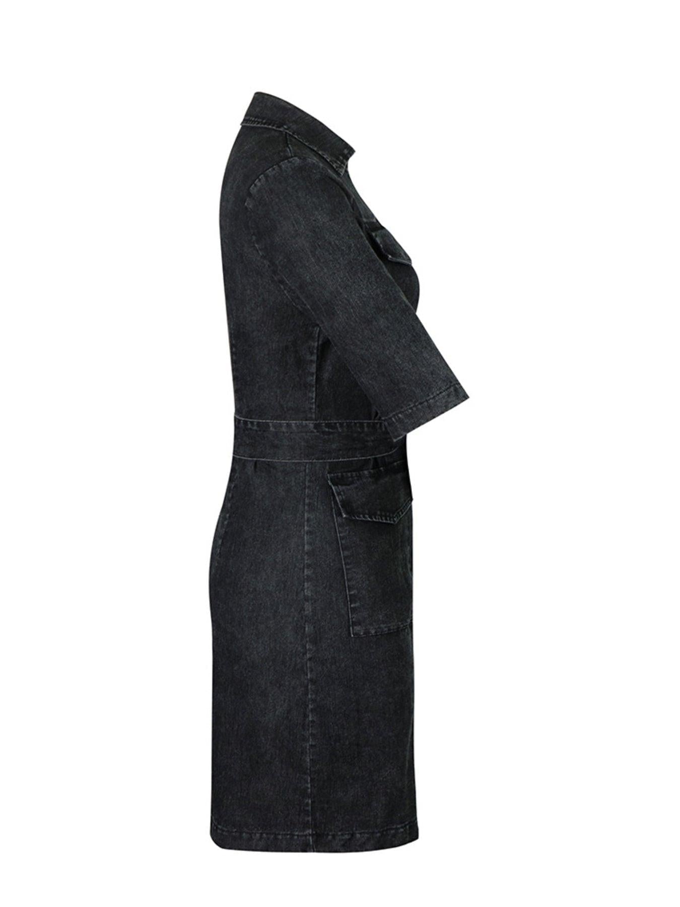 Zipper Front Short Sleeve Denim Dress